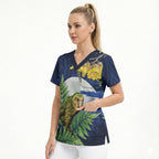 Kakapo New Zealand Personalised Scrub Top Kowhai Flower Silver Fern Maori Pattern
