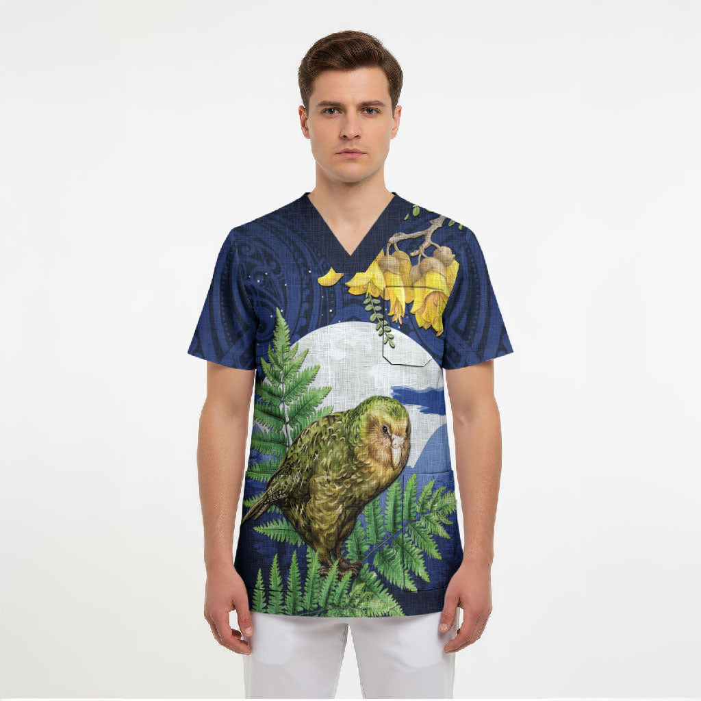 Kakapo New Zealand Personalised Scrub Top Kowhai Flower Silver Fern Maori Pattern