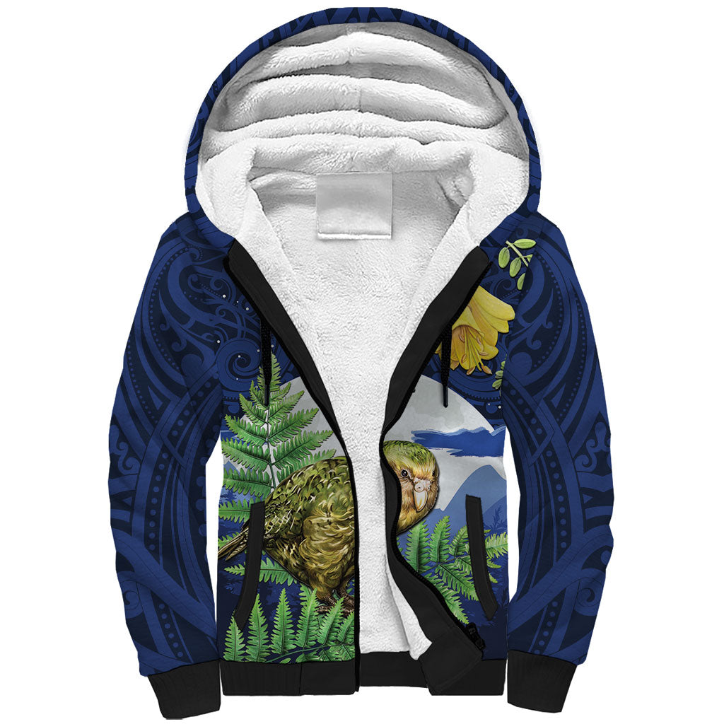 Kakapo New Zealand Personalised Sherpa Hoodie Kowhai Flower Silver Fern Maori Pattern