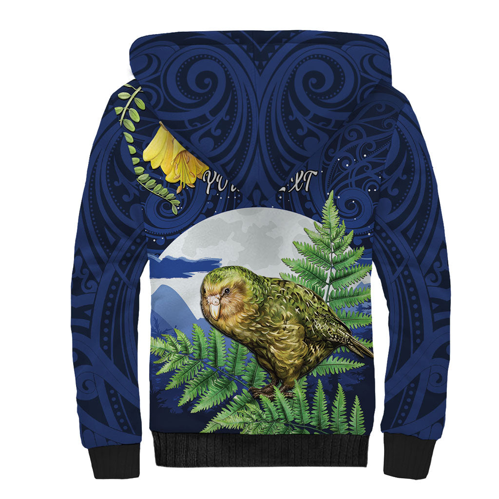 Kakapo New Zealand Personalised Sherpa Hoodie Kowhai Flower Silver Fern Maori Pattern