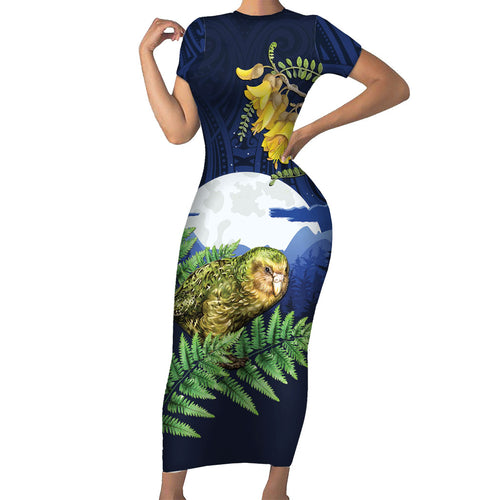 Kakapo New Zealand Personalised Short Sleeve Bodycon Dress Kowhai Flower Silver Fern Maori Pattern
