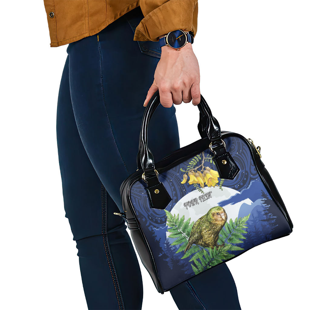 Kakapo New Zealand Personalised Shoulder Handbag Kowhai Flower Silver Fern Maori Pattern