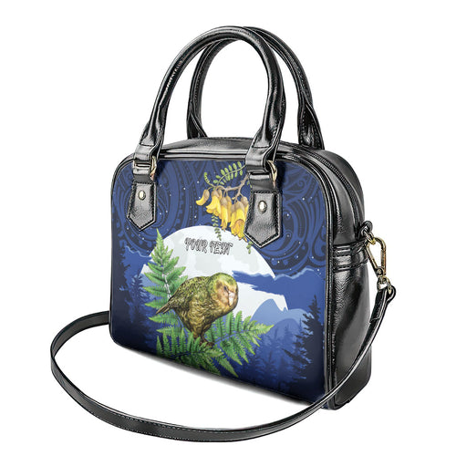 Kakapo New Zealand Personalised Shoulder Handbag Kowhai Flower Silver Fern Maori Pattern