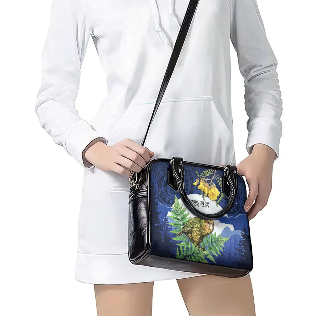 Kakapo New Zealand Personalised Shoulder Handbag Kowhai Flower Silver Fern Maori Pattern
