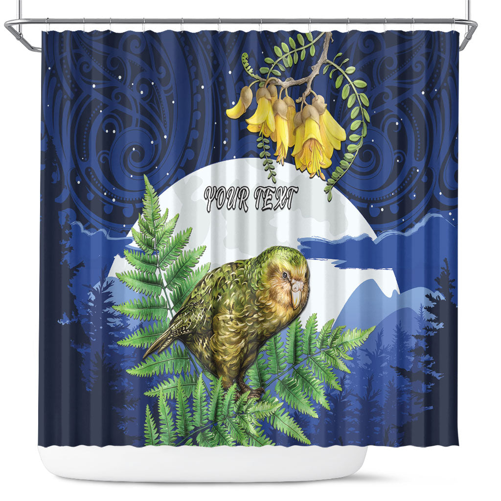 Kakapo New Zealand Personalised Shower Curtain Kowhai Flower Silver Fern Maori Pattern