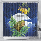 Kakapo New Zealand Personalised Shower Curtain Kowhai Flower Silver Fern Maori Pattern
