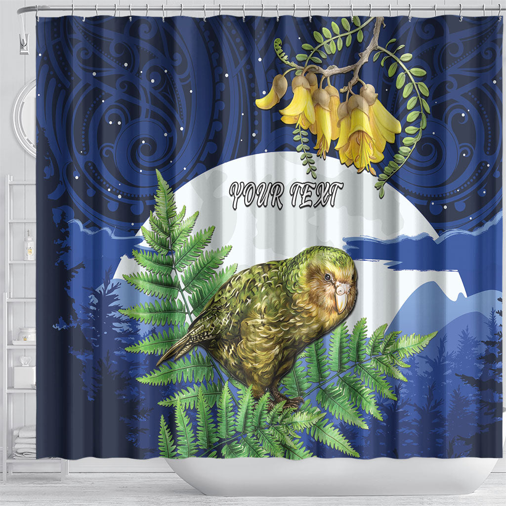 Kakapo New Zealand Personalised Shower Curtain Kowhai Flower Silver Fern Maori Pattern