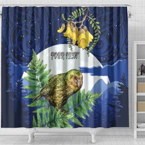 Kakapo New Zealand Personalised Shower Curtain Kowhai Flower Silver Fern Maori Pattern