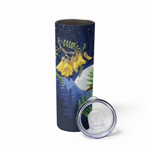 Kakapo New Zealand Personalised Skinny Tumbler Kowhai Flower Silver Fern Maori Pattern