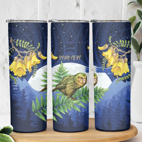 Kakapo New Zealand Personalised Skinny Tumbler Kowhai Flower Silver Fern Maori Pattern