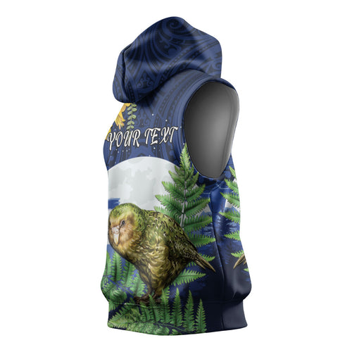Kakapo New Zealand Personalised Sleeveless Hoodie Kowhai Flower Silver Fern Maori Pattern