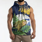 Kakapo New Zealand Personalised Sleeveless Hoodie Kowhai Flower Silver Fern Maori Pattern