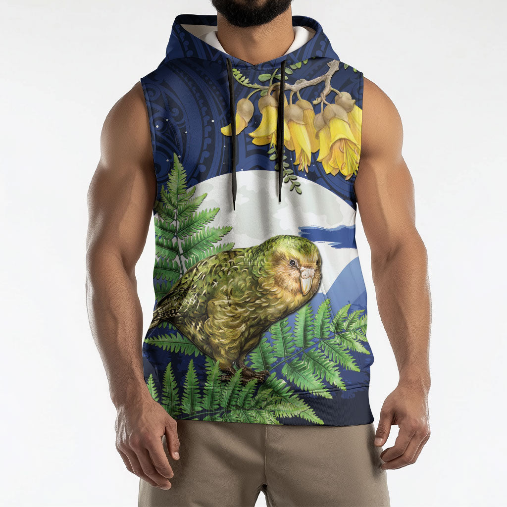 Kakapo New Zealand Personalised Sleeveless Hoodie Kowhai Flower Silver Fern Maori Pattern