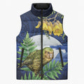 Kakapo New Zealand Personalised Sleeveless Puffer Jacket Kowhai Flower Silver Fern Maori Pattern