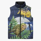 Kakapo New Zealand Personalised Sleeveless Puffer Jacket Kowhai Flower Silver Fern Maori Pattern