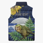 Kakapo New Zealand Personalised Sleeveless Puffer Jacket Kowhai Flower Silver Fern Maori Pattern