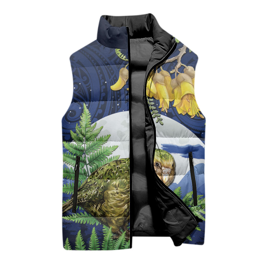 Kakapo New Zealand Personalised Sleeveless Puffer Jacket Kowhai Flower Silver Fern Maori Pattern