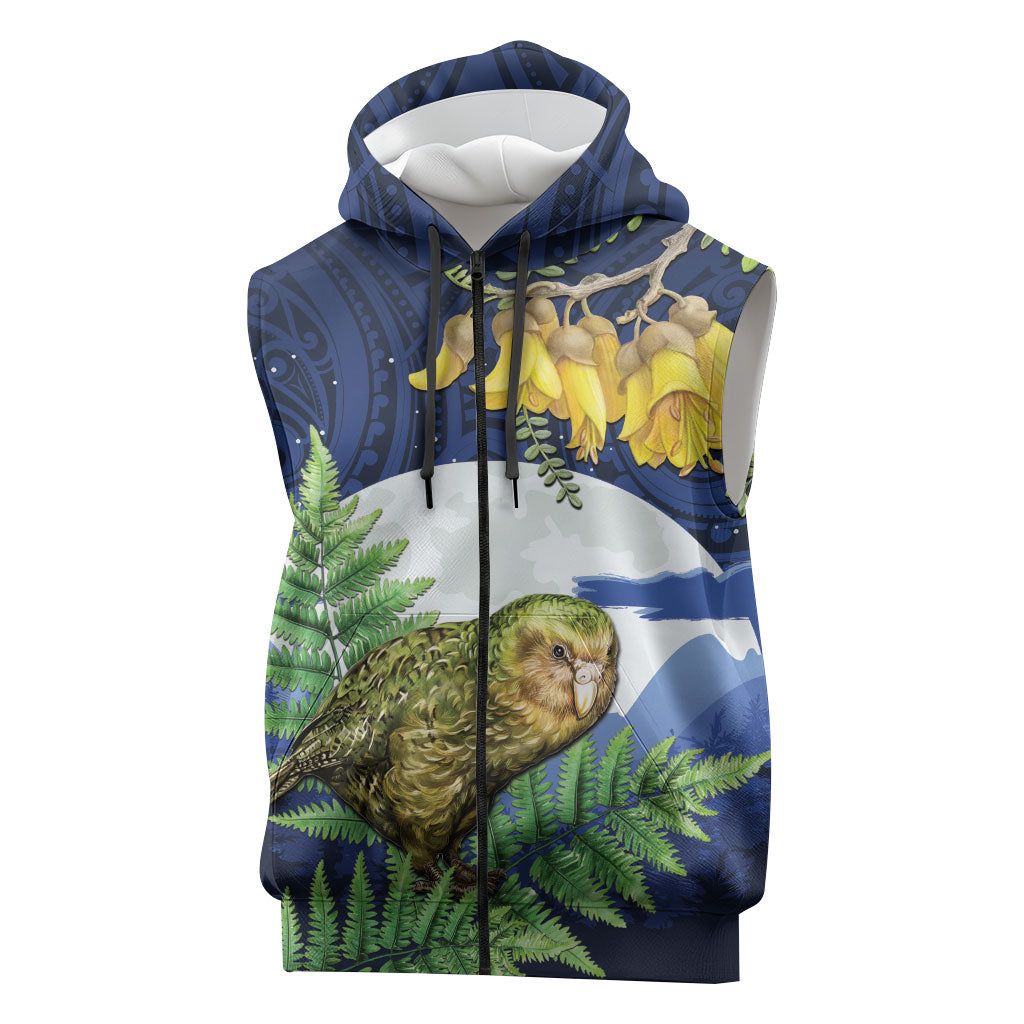 Kakapo New Zealand Personalised Sleeveless Zip Hoodie Kowhai Flower Silver Fern Maori Pattern