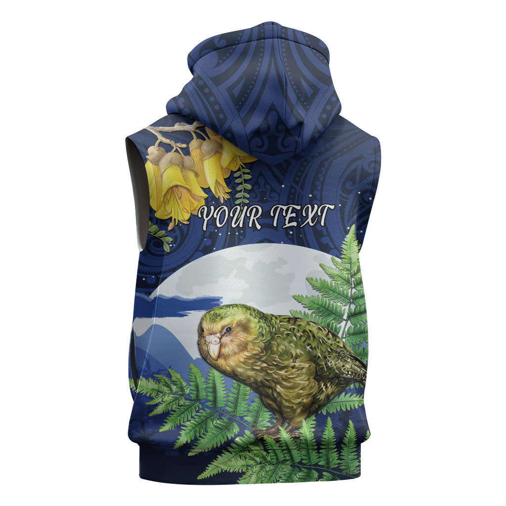 Kakapo New Zealand Personalised Sleeveless Zip Hoodie Kowhai Flower Silver Fern Maori Pattern