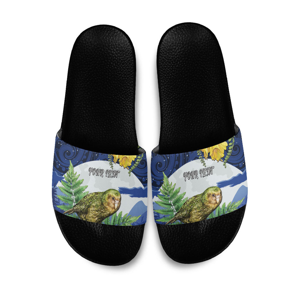 Kakapo New Zealand Personalised Slide Sandals Kowhai Flower Silver Fern Maori Pattern