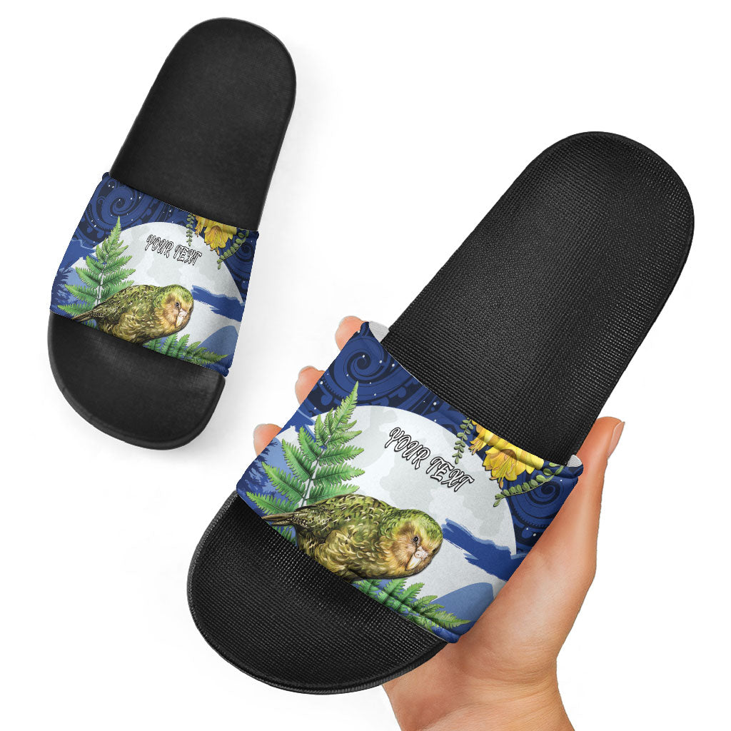 Kakapo New Zealand Personalised Slide Sandals Kowhai Flower Silver Fern Maori Pattern