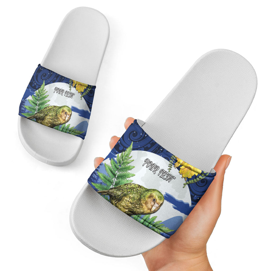 Kakapo New Zealand Personalised Slide Sandals Kowhai Flower Silver Fern Maori Pattern