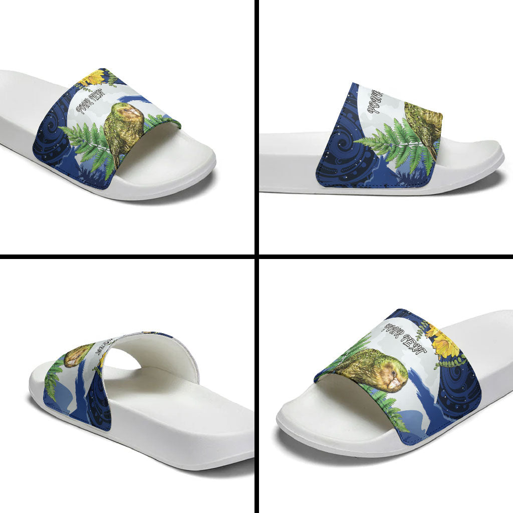 Kakapo New Zealand Personalised Slide Sandals Kowhai Flower Silver Fern Maori Pattern