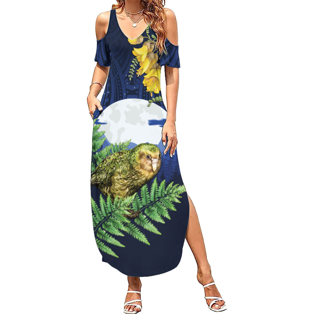 Kakapo New Zealand Personalised Summer Maxi Dress Kowhai Flower Silver Fern Maori Pattern
