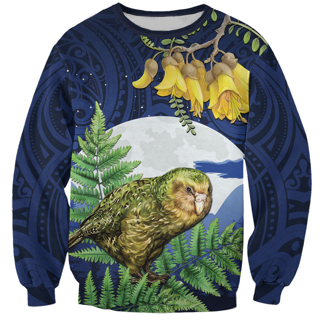 Kakapo New Zealand Personalised Sweatshirt Kowhai Flower Silver Fern Maori Pattern