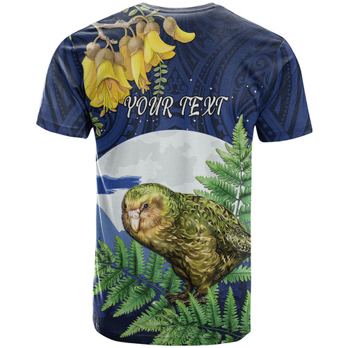 Kakapo New Zealand Personalised T Shirt Kowhai Flower Silver Fern Maori Pattern
