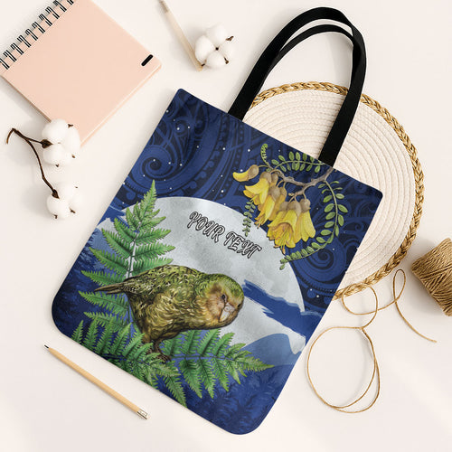 Kakapo New Zealand Personalised Tote Bag Kowhai Flower Silver Fern Maori Pattern