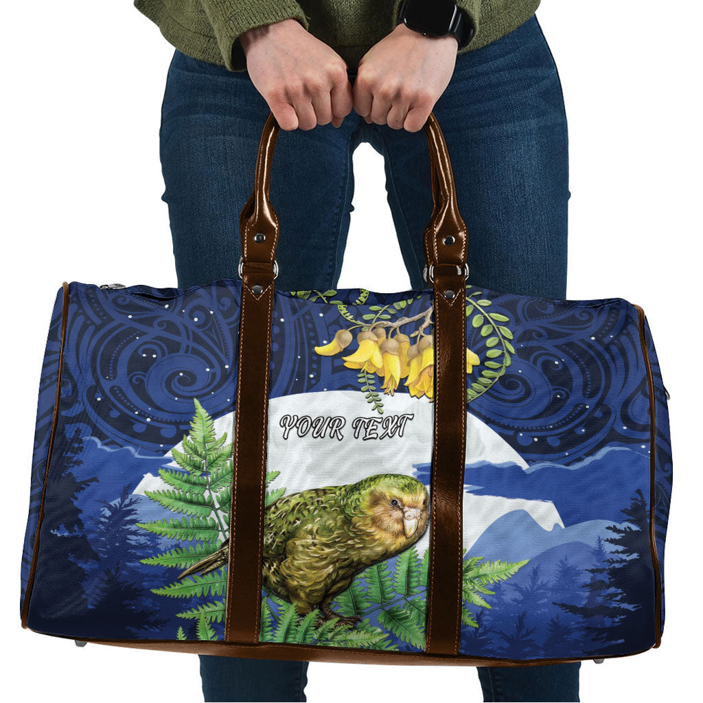 Kakapo New Zealand Personalised Travel Bag Kowhai Flower Silver Fern Maori Pattern