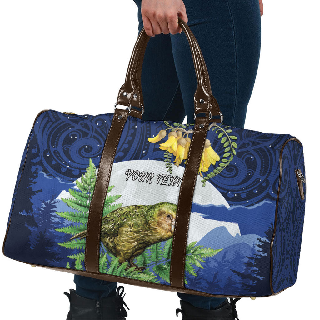 Kakapo New Zealand Personalised Travel Bag Kowhai Flower Silver Fern Maori Pattern