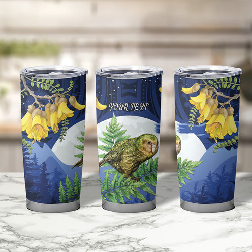 Kakapo New Zealand Personalised Tumbler Cup Kowhai Flower Silver Fern Maori Pattern