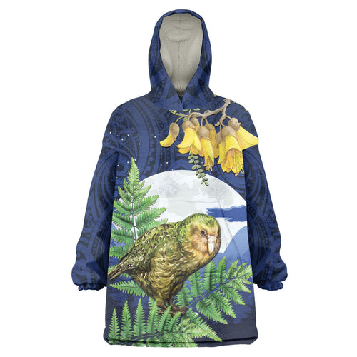 Kakapo New Zealand Personalised Wearable Blanket Hoodie Kowhai Flower Silver Fern Maori Pattern