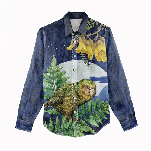 Kakapo New Zealand Personalised Women Casual Shirt Kowhai Flower Silver Fern Maori Pattern