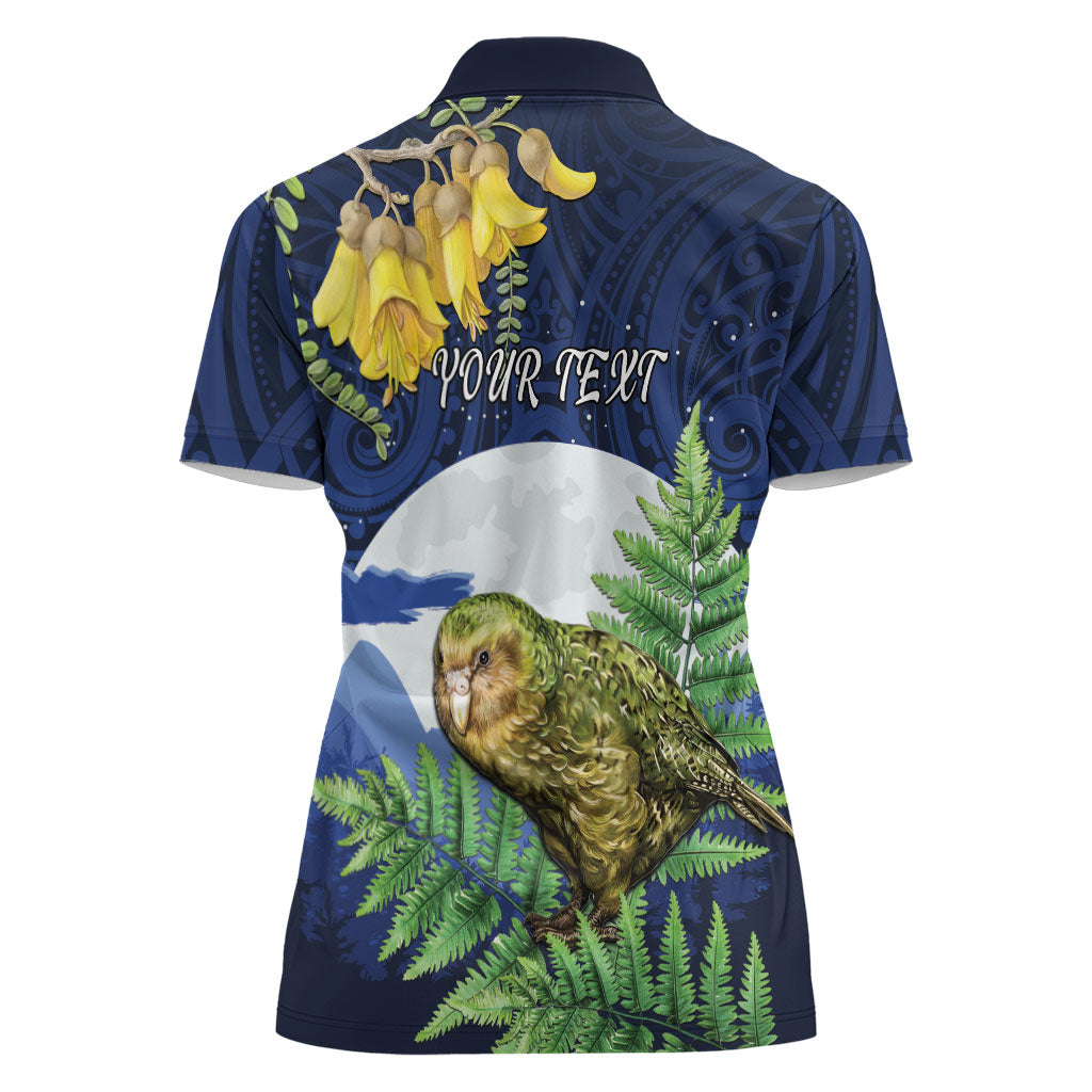 Kakapo New Zealand Personalised Women Polo Shirt Kowhai Flower Silver Fern Maori Pattern