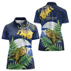Kakapo New Zealand Personalised Women Polo Shirt Kowhai Flower Silver Fern Maori Pattern