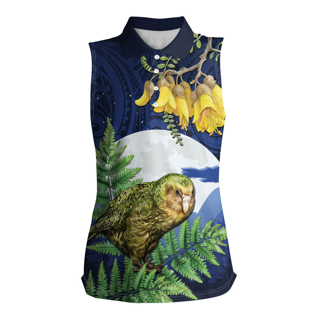 Kakapo New Zealand Personalised Women Sleeveless Polo Shirt Kowhai Flower Silver Fern Maori Pattern
