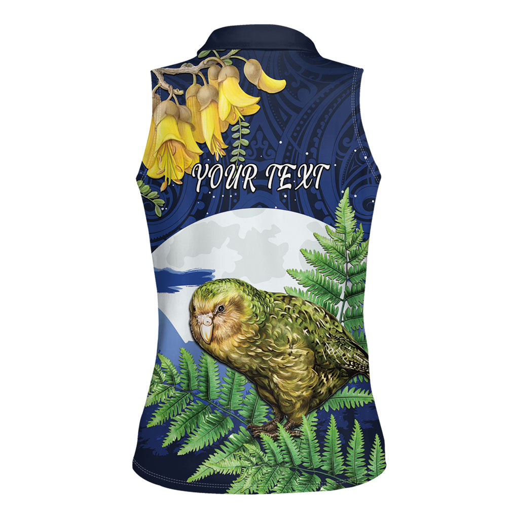 Kakapo New Zealand Personalised Women Sleeveless Polo Shirt Kowhai Flower Silver Fern Maori Pattern