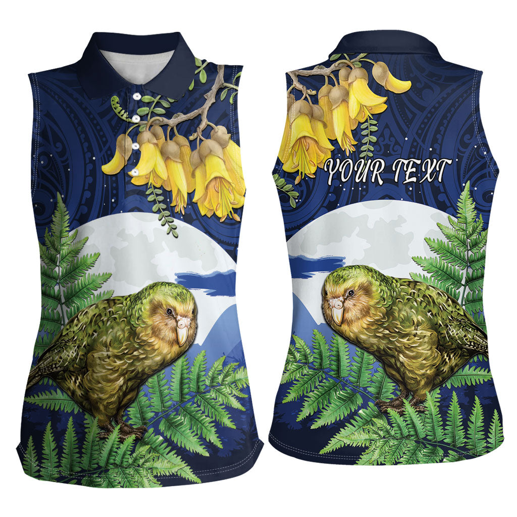 Kakapo New Zealand Personalised Women Sleeveless Polo Shirt Kowhai Flower Silver Fern Maori Pattern