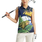 Kakapo New Zealand Personalised Women Sleeveless Polo Shirt Kowhai Flower Silver Fern Maori Pattern