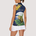Kakapo New Zealand Personalised Women Sleeveless Polo Shirt Kowhai Flower Silver Fern Maori Pattern