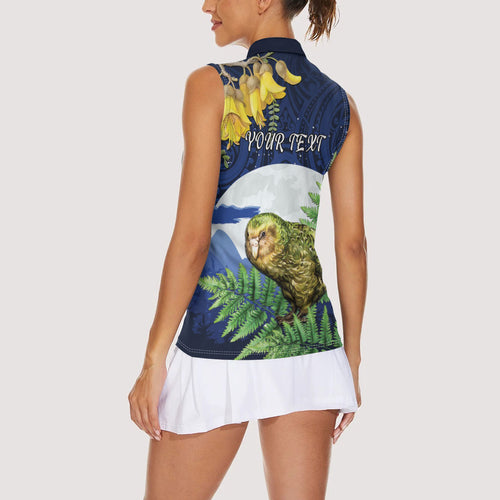 Kakapo New Zealand Personalised Women Sleeveless Polo Shirt Kowhai Flower Silver Fern Maori Pattern