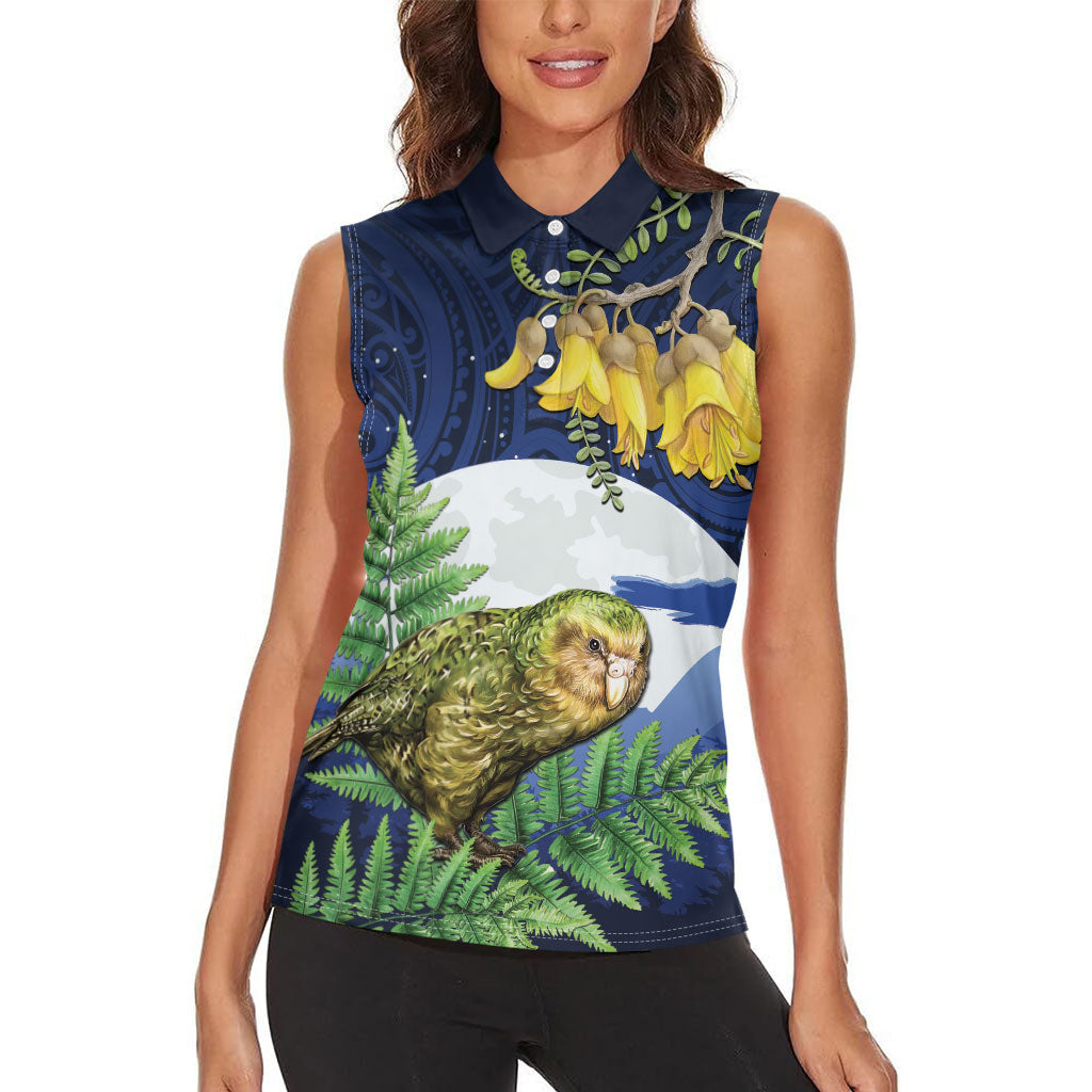Kakapo New Zealand Personalised Women Sleeveless Polo Shirt Kowhai Flower Silver Fern Maori Pattern