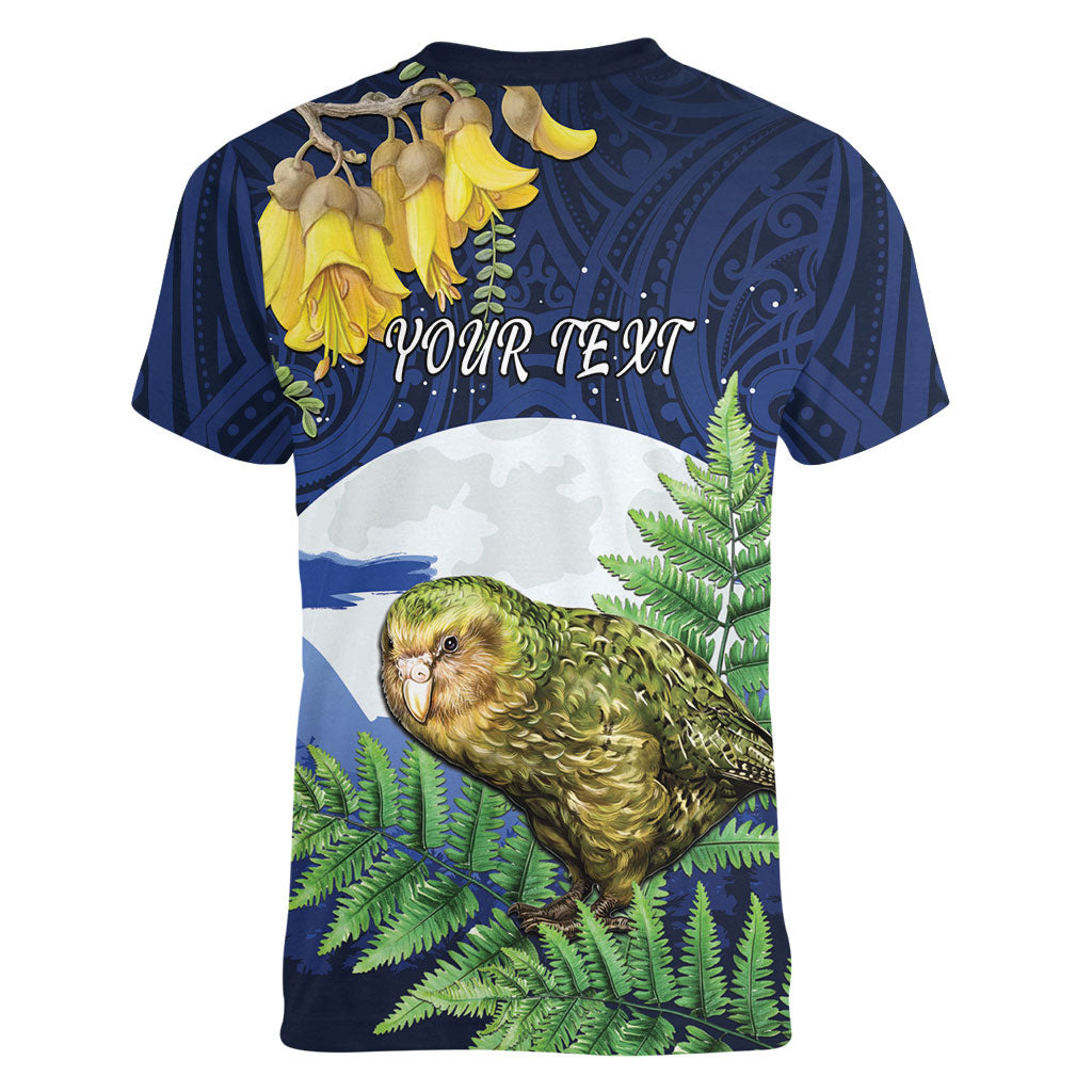Kakapo New Zealand Personalised Women V-Neck T-Shirt Kowhai Flower Silver Fern Maori Pattern