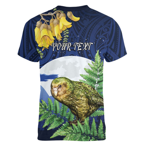 Kakapo New Zealand Personalised Women V-Neck T-Shirt Kowhai Flower Silver Fern Maori Pattern