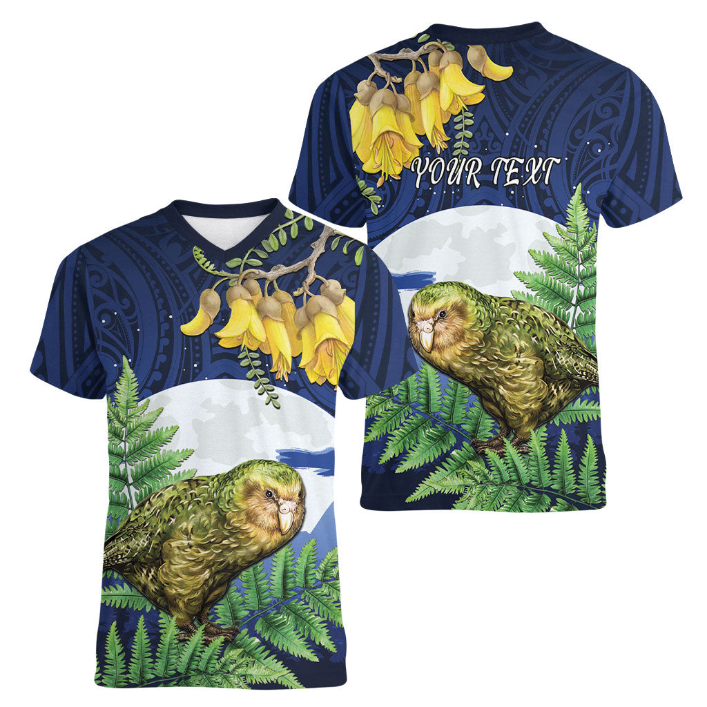 Kakapo New Zealand Personalised Women V-Neck T-Shirt Kowhai Flower Silver Fern Maori Pattern