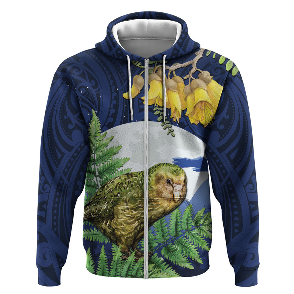 Kakapo New Zealand Personalised Zip Hoodie Kowhai Flower Silver Fern Maori Pattern
