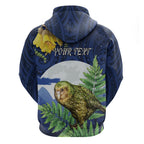 Kakapo New Zealand Personalised Zip Hoodie Kowhai Flower Silver Fern Maori Pattern